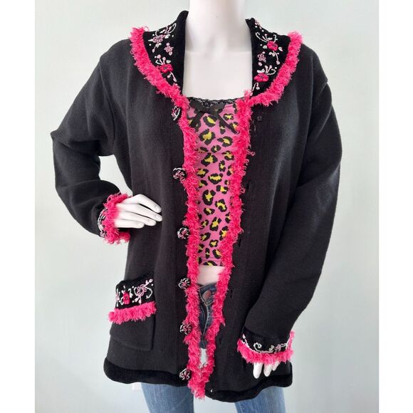 Vintage Storybook Knits Western Beauty Black and Pink Embroidered Sweater size M - Picture 4 of 13